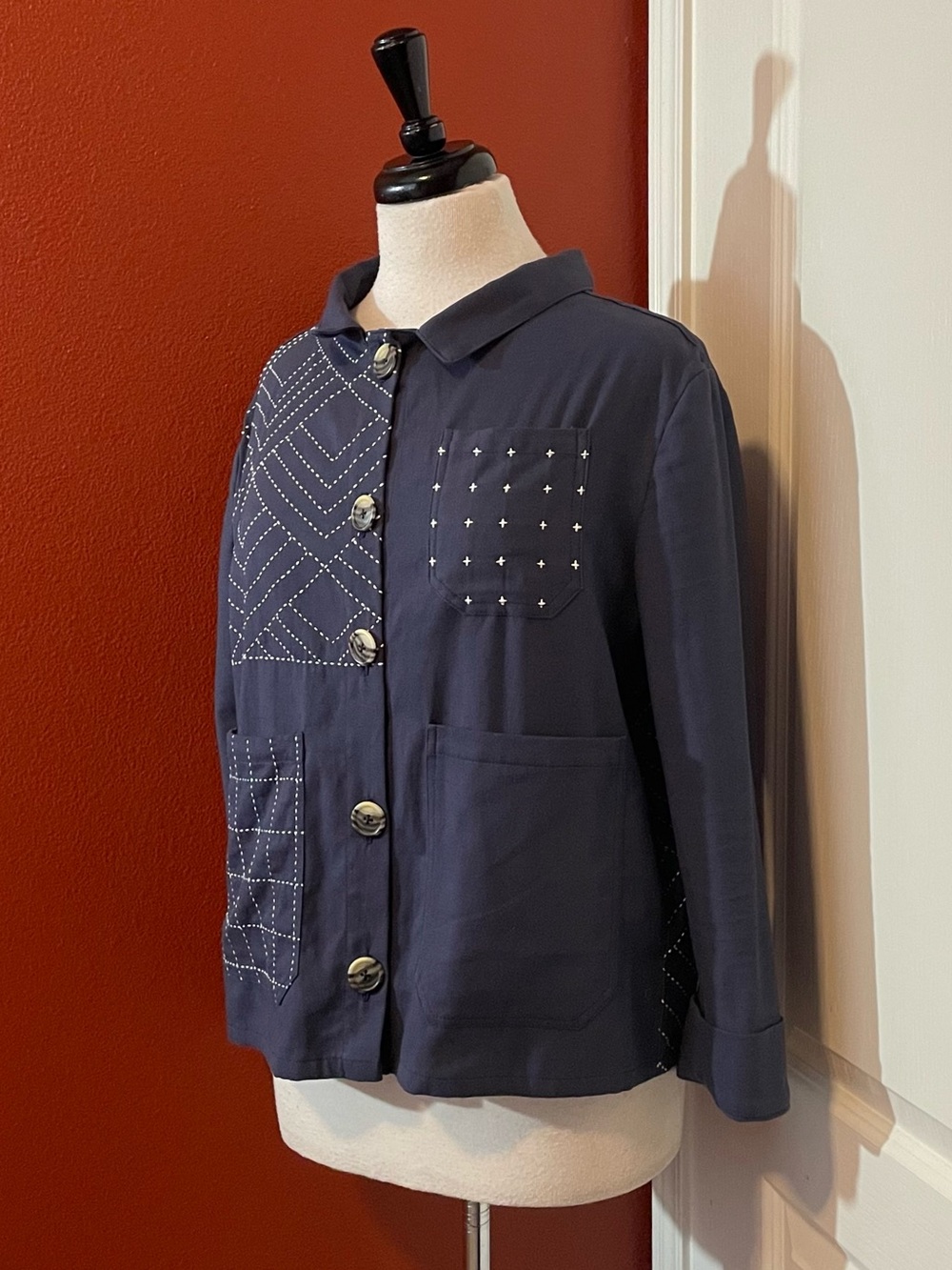 Anchal Project Women’s Hand Stitched Sashiko Embroidered Navy Chore Jacket Coat